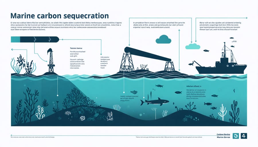 Diagram illustrating how carbon moves through ocean layers and marine life in the carbon cycle