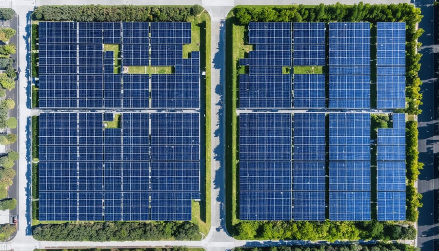 Bird's eye view of Melbourne's sustainable district with visible renewable energy installations