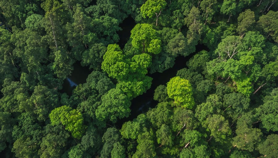 Bird's eye view of Melbourne's extensive tree canopy coverage interweaving through city buildings and streets