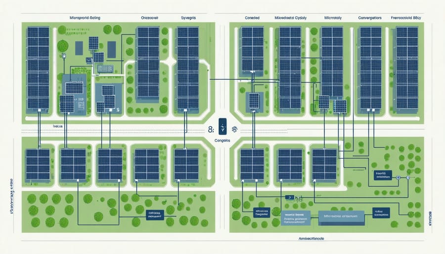Detailed schematic diagram of microgrid components including renewable sources, storage, and distribution network