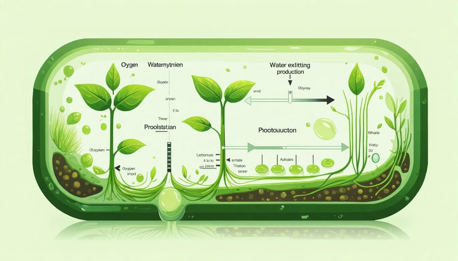 Scientific illustration of photosynthesis process within a chloroplast, showing water molecules splitting into oxygen and hydrogen