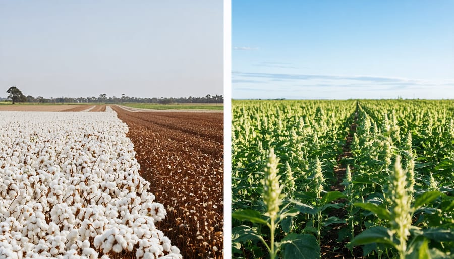 Side-by-side view of organic cotton and hemp crops in sustainable Australian farming fields