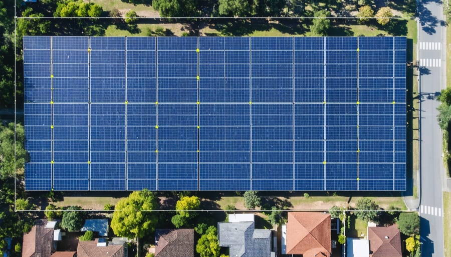 Drone view of Perth suburbs showing solar panel networks with digital connection lines