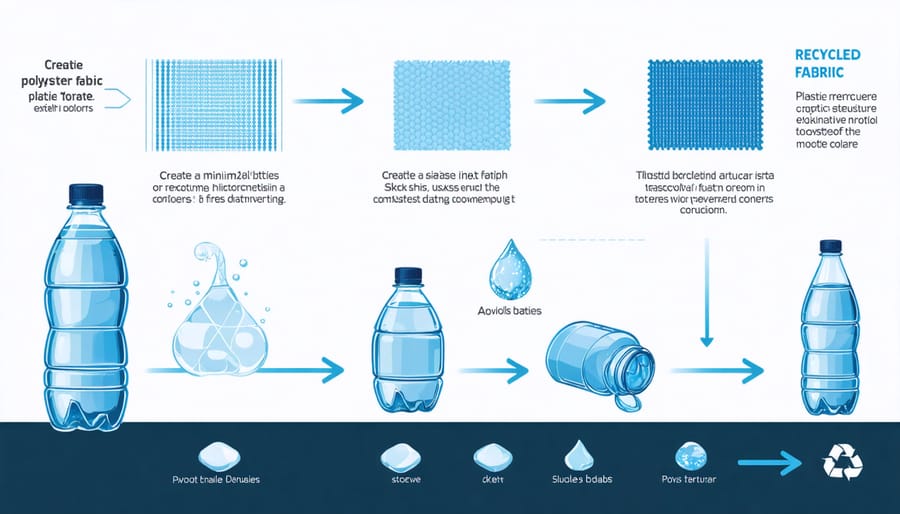 Step-by-step visualization of plastic bottles being converted into sustainable clothing material