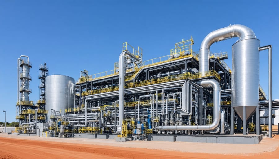 Large-scale carbon capture installation at a power plant with prominent absorption towers and processing equipment