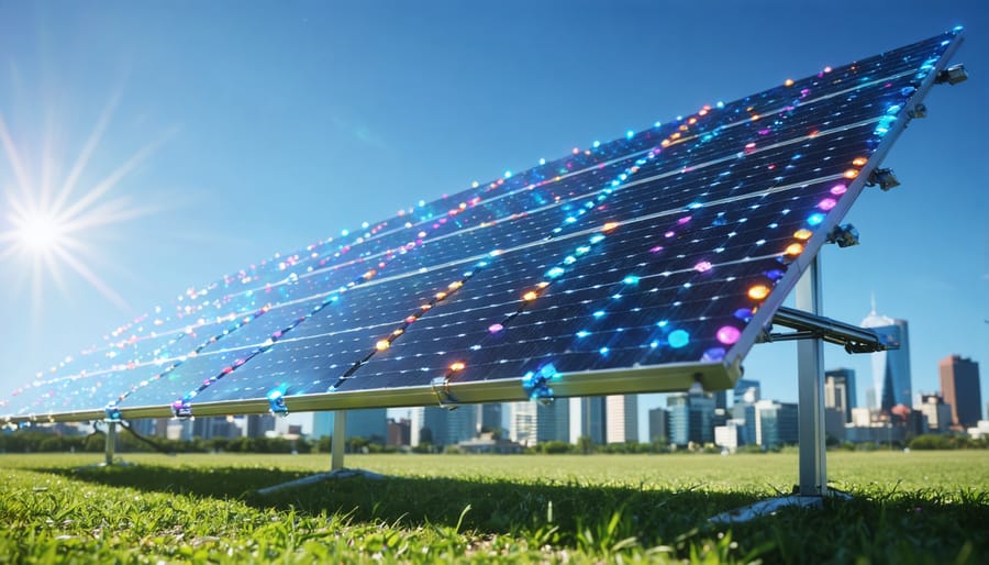 A futuristic solar panel embedded with quantum dots capturing a broad spectrum of sunlight against the backdrop of an Australian cityscape, symbolizing the transformative impact of quantum dots on solar energy.