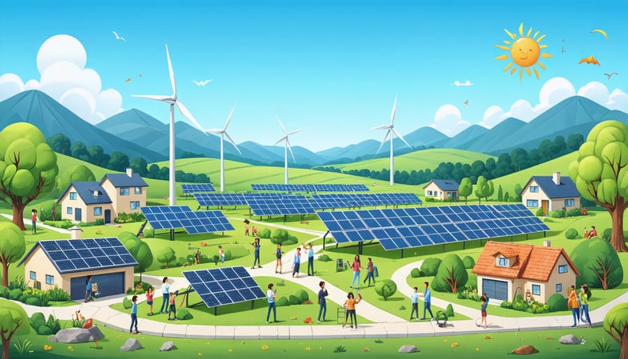 Conceptual illustration of an Australian neighborhood collaboratively utilizing solar and wind energy, depicting a diverse group of community members engaged in renewable energy projects.