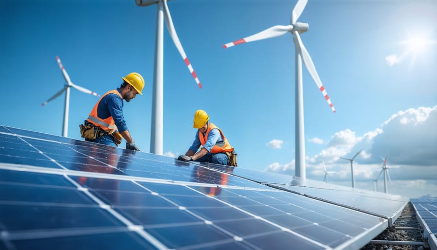 Renewable energy workers installing solar panels at large-scale installation site