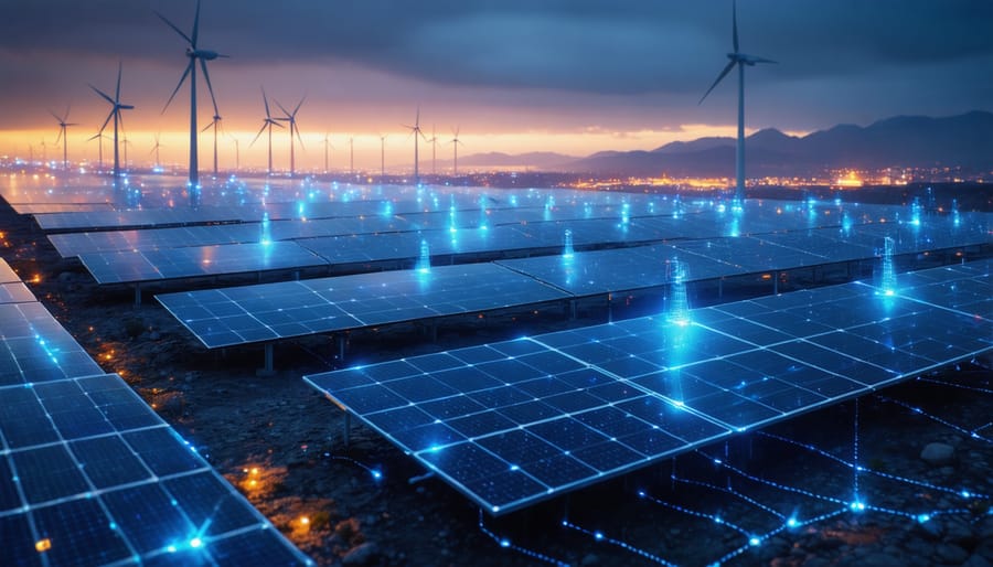 Futuristic cityscape showcasing seamless day-to-night transition powered by solar panels, wind turbines, and advanced energy storage facilities with glowing smart grid connections.