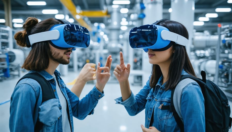 Diverse group of students using virtual reality equipment to learn wind turbine maintenance
