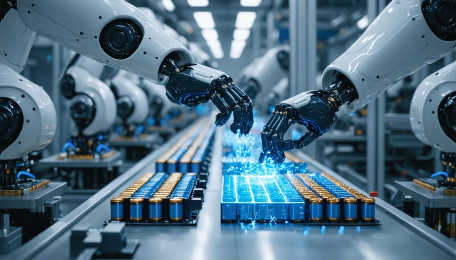 Industrial robots precisely assembling battery components in a high-tech manufacturing facility