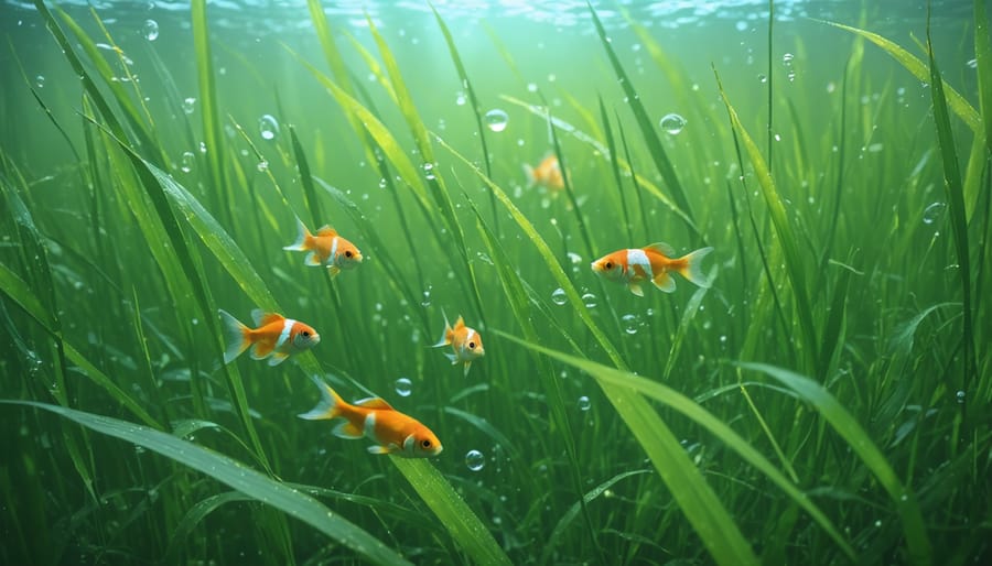 Underwater scene of healthy seagrass meadow ecosystem with marine life