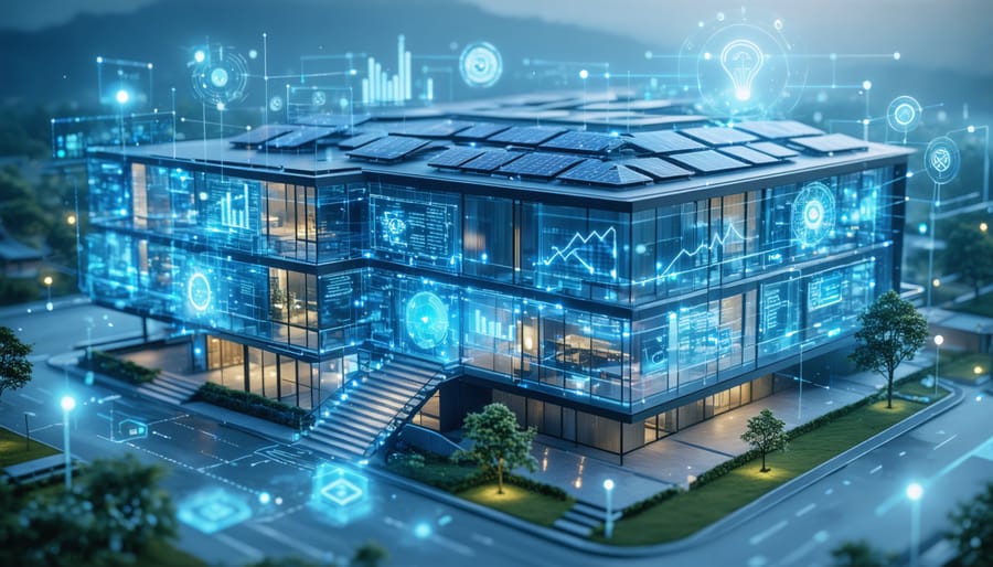 Futuristic depiction of a commercial building with energy management systems symbolized by digital analytics graphs and control panels, highlighting energy efficiency and sustainability practices.