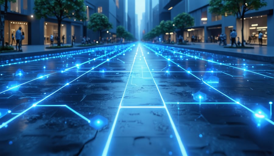 Futuristic cityscape showing integrated human energy harvesting infrastructure
