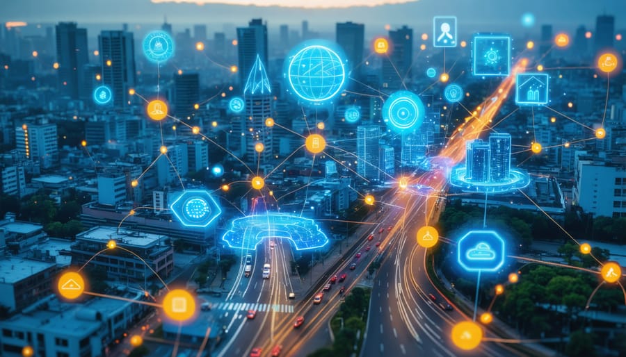 Digital visualization of interconnected smart city systems with highlighted energy and transportation networks