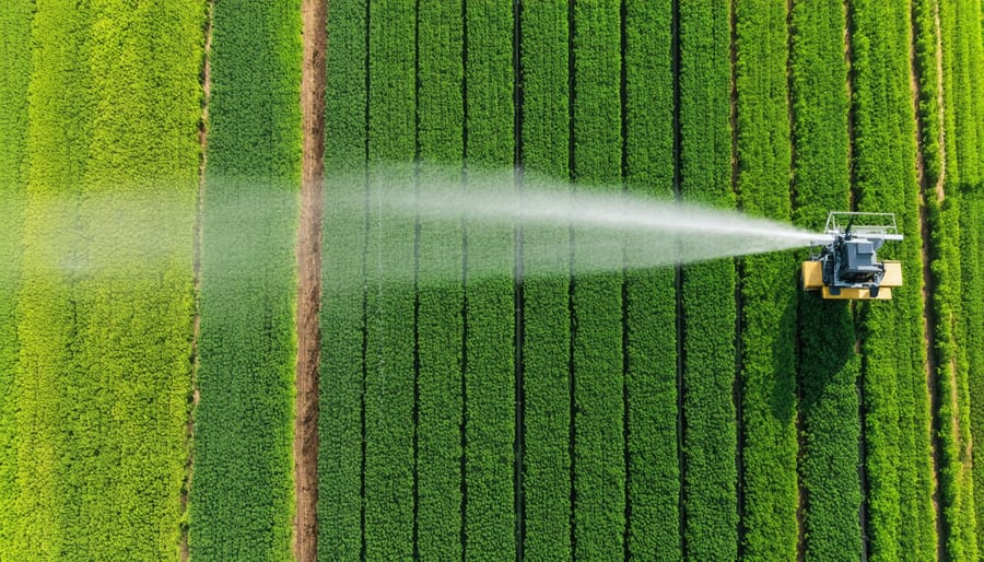 Overhead view of precision irrigation equipment working in large-scale bioenergy crop plantation