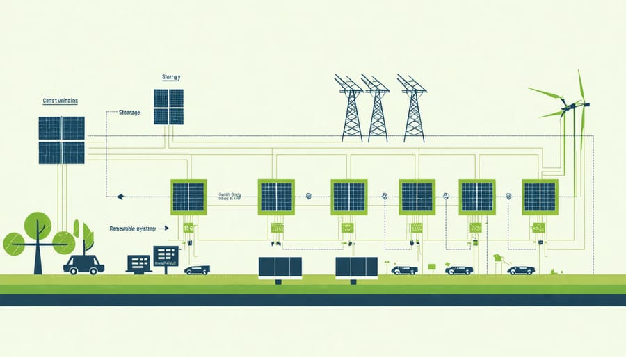 Diagram of microgrid components including solar panels, wind turbines, batteries, and smart distribution systems