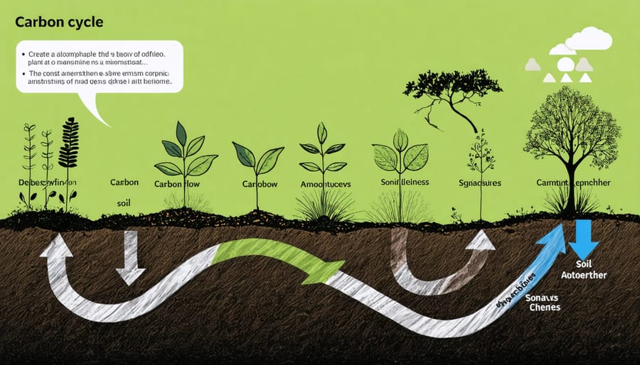 Infographic of soil carbon cycle showing plant roots, soil organisms, and carbon movement