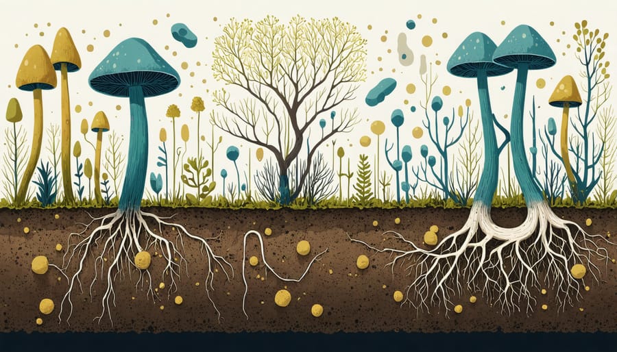 Microscopic view of beneficial soil microorganisms and plant root interactions