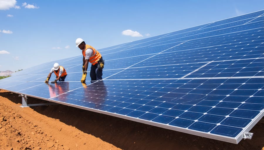 Workers installing solar panels at a utility-scale solar farm in a developing country