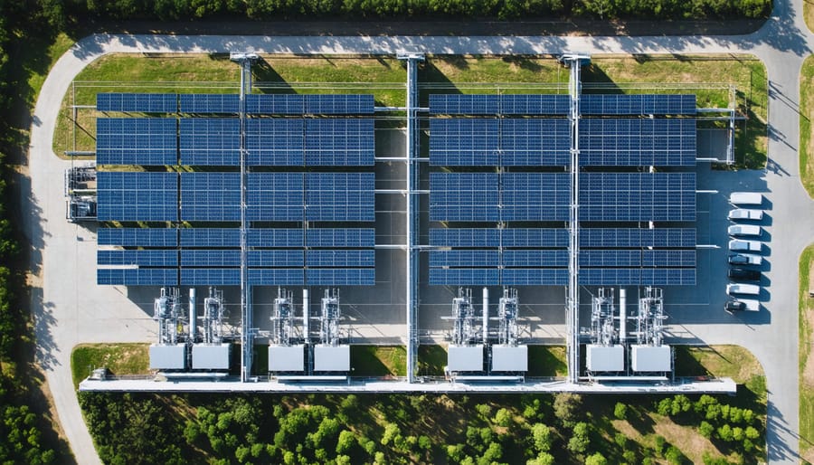Solar-powered direct air capture facility with arrays of solar panels and carbon capture equipment in the Australian landscape