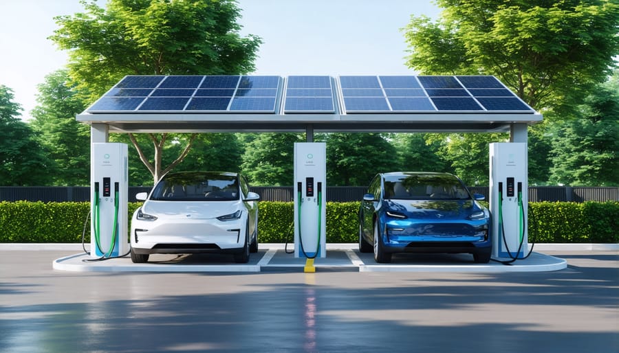 Modern EV charging station powered by solar panels with visible battery storage units