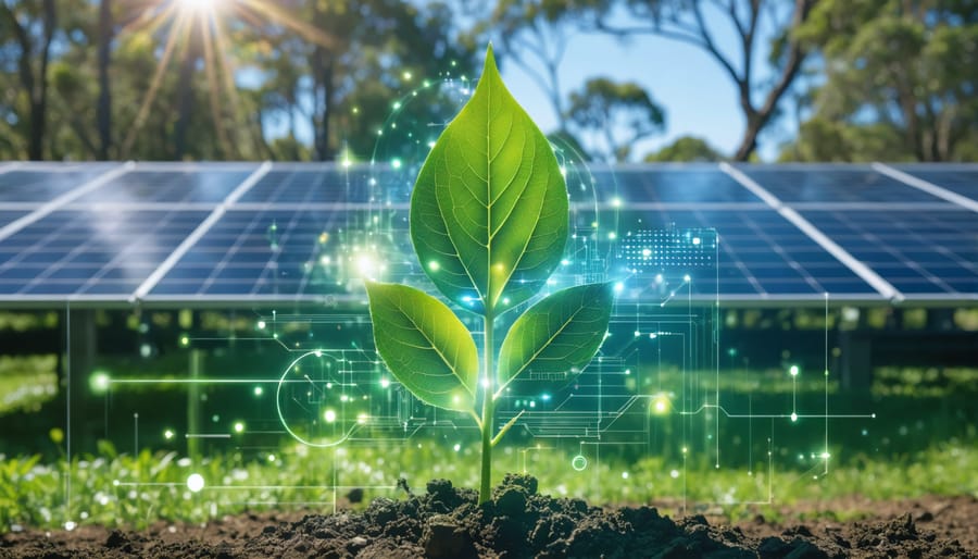 A green leaf with digital circuitry patterns represents artificial photosynthesis, set against a sunlit Australian landscape showcasing the blend of nature and technology for sustainable energy solutions.