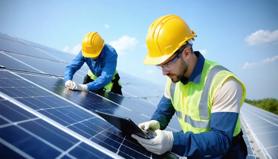 Professional technicians installing and monitoring solar panels while using digital tools