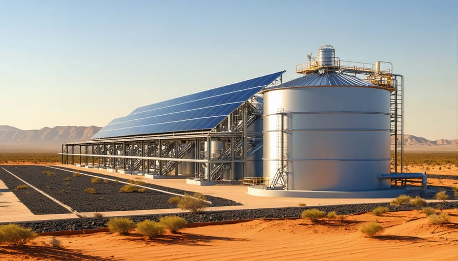 Large-scale solar thermal facility featuring prominent storage tanks and mirror arrays