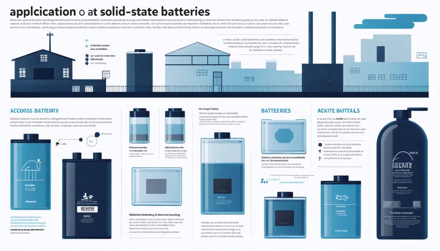 Visual representation of solid-state battery applications in EVs, grid storage, and agriculture