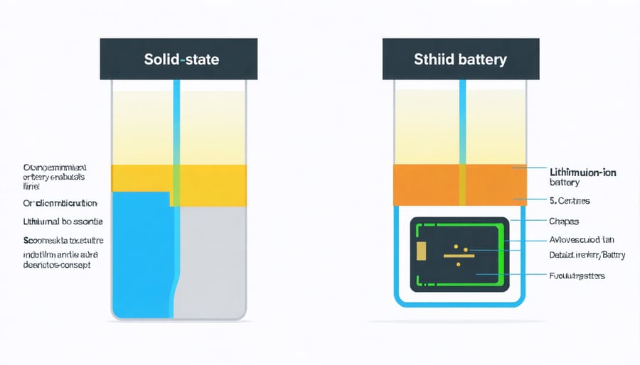 Side-by-side comparison showing internal components of solid-state versus lithium-ion batteries