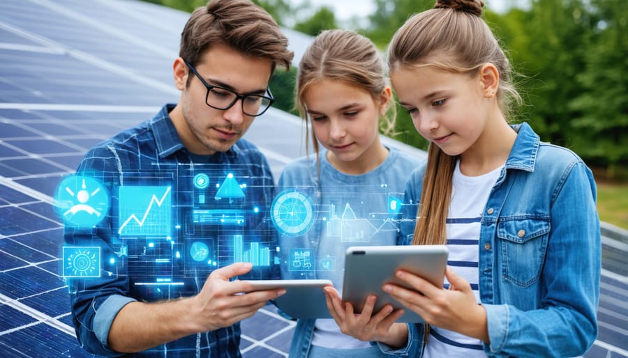 Student team analyzing real-time energy consumption data on digital devices
