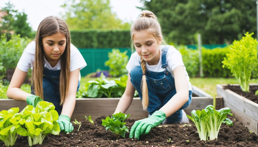Diverse group of students actively engaged in school garden activities