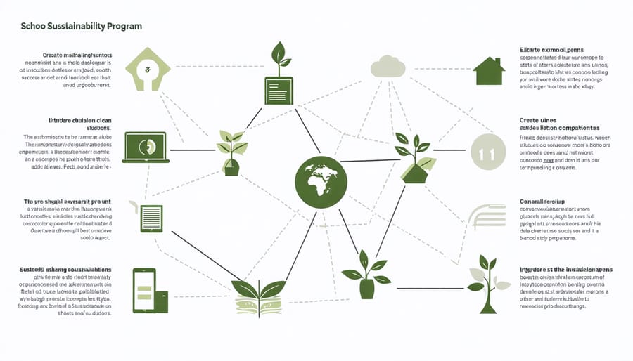Visual diagram of school sustainability program elements including curriculum, resources, and community partnerships