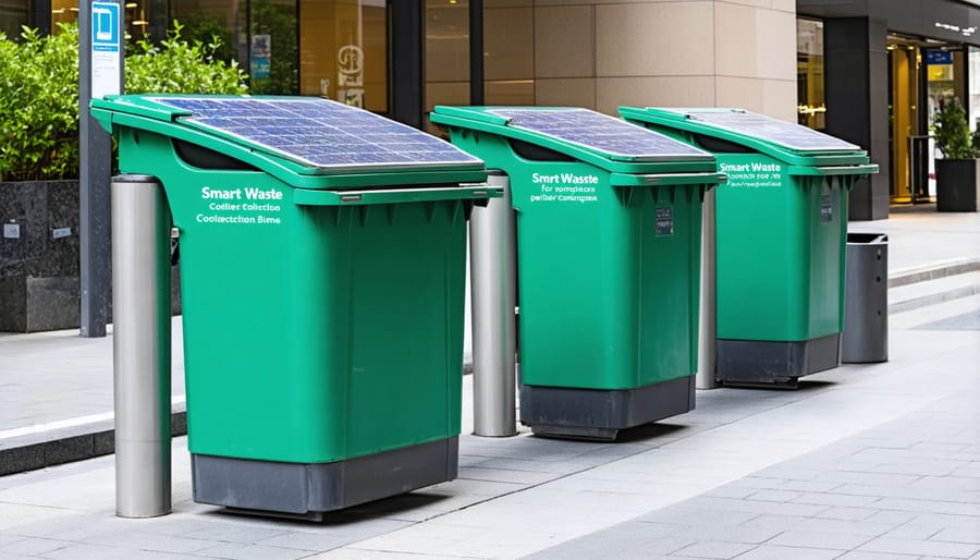 Modern smart waste bins with digital displays and solar panels in urban setting