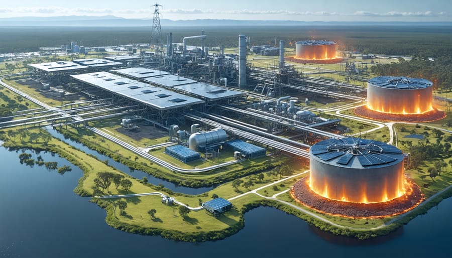 A modern Australian industrial site utilizing thermoelectric harvesters for energy production. Thermoelectric modules are shown capturing waste heat from industrial processes and converting it into electricity, with graphical elements depicting temperature differences. The imagery reflects a blend of technology with the natural Australian environment.