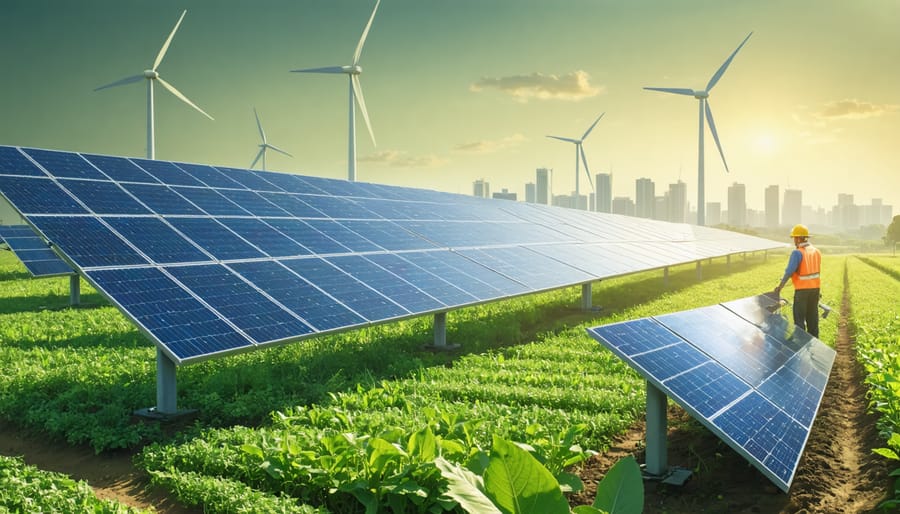 Illustration showing solar panels and wind turbines in a developing country, symbolizing the impact of transformative renewable energy policies on sustainable development.