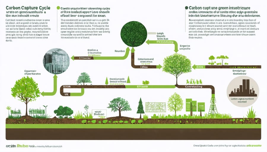 Diagram illustrating how urban trees and plants absorb and store carbon dioxide from the atmosphere