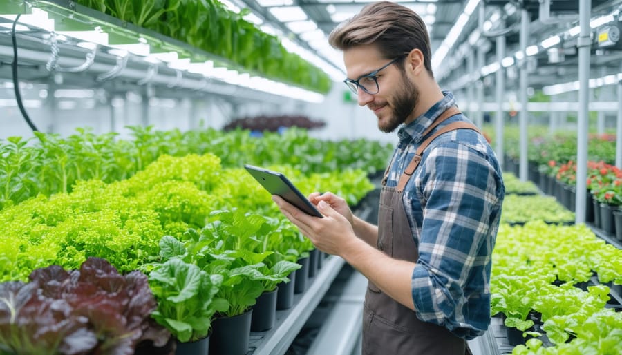 Agricultural technician using digital tablet to control automated farming systems
