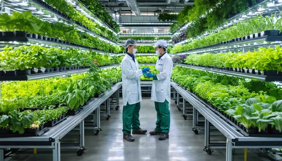 Professionals managing a high-tech vertical farming system, with multiple tiers of leafy greens illuminated by LED lights against an urban skyline backdrop.