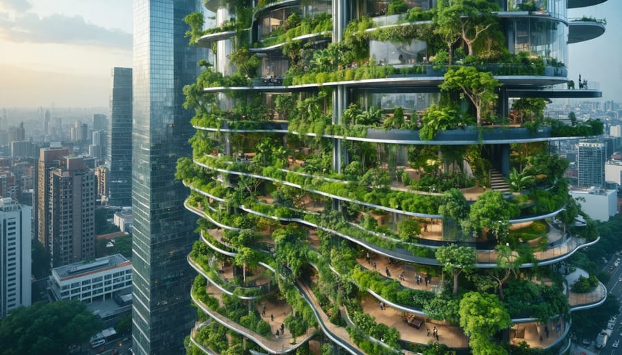 Artistic depiction of a city integrating green infrastructure with living walls, rooftop gardens, and green corridors, symbolizing urban transformation into a sustainable carbon-fighting powerhouse.