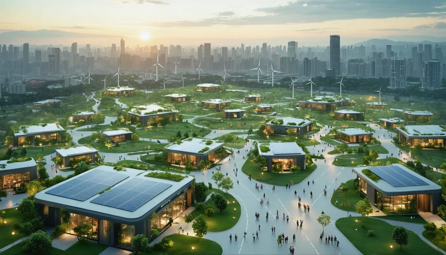 Illustration of a futuristic urban landscape with solar panels, green spaces, and wind turbines integrated into city blocks, depicting the concept of urban microgrids.