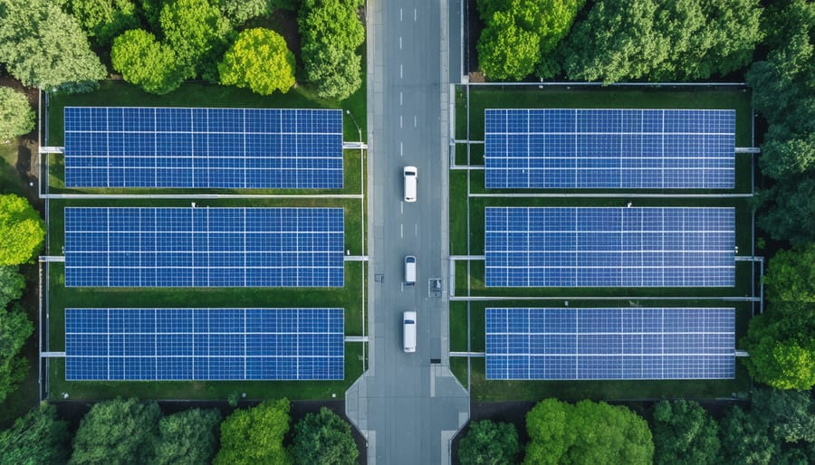 Bird's eye view of an integrated urban microgrid system with solar panels and distribution infrastructure