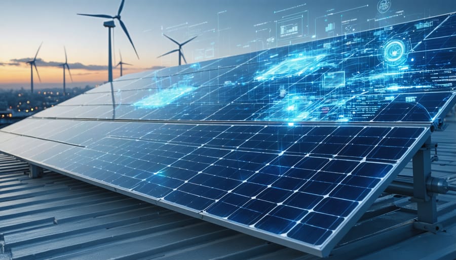 Urban renewable energy installation showing solar panels and wind turbines with smart monitoring systems