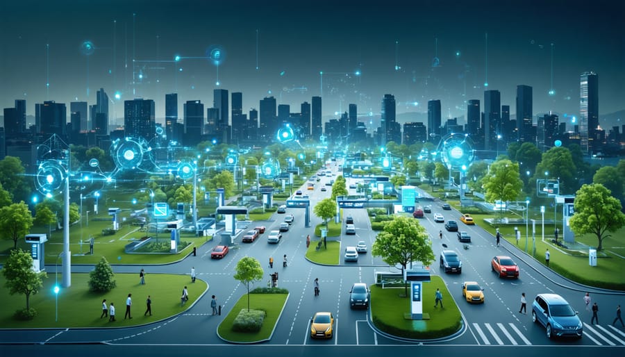 A conceptual visualization of a sustainable urban city, featuring electric vehicles at charging stations, smart traffic systems, and biofuel facilities, representing the future of green transportation careers.