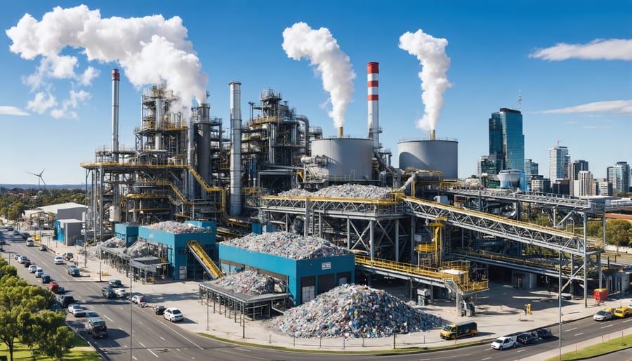 A modern waste-to-energy facility in an Australian city, showcasing industrial equipment and steam turbines amidst a city skyline, symbolizing the transformation of urban waste into renewable energy.