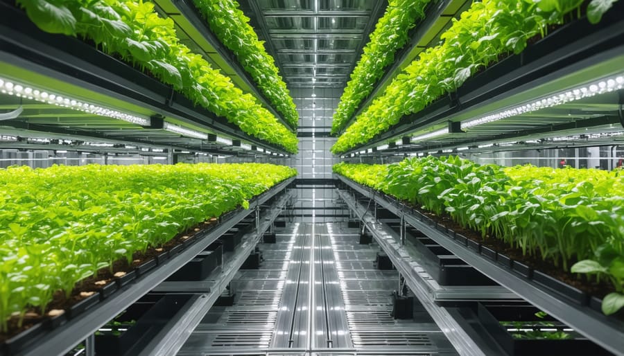 Interior view of a high-tech vertical farm with rows of leafy greens under purple LED lighting