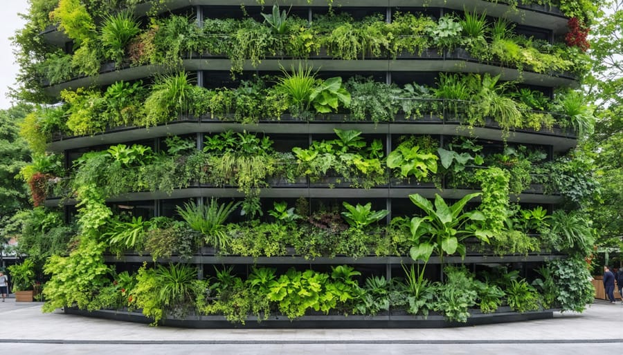 Multi-story building covered in lush vertical gardens with integrated irrigation systems
