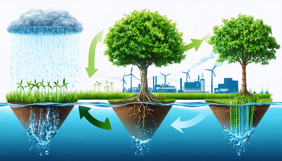 Conceptual illustration depicting the Earth's water cycle integrated into bioenergy production, featuring rainfall, energy crops, and bioenergy facilities to emphasize sustainable energy generation.