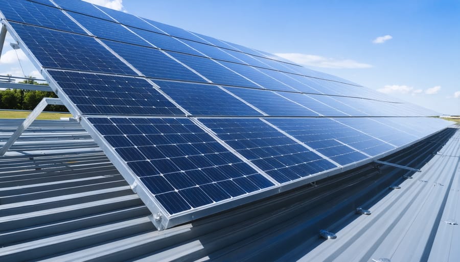 Aerial view of commercial solar farm using next-generation solar panels
